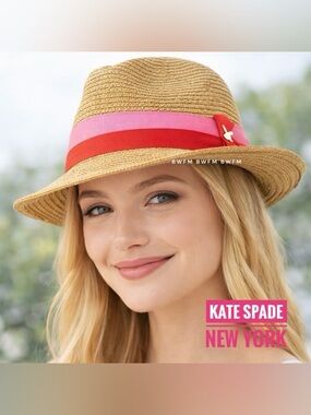 NWT kate spade Natural Straw Hat Fedora with Pink and Red Ribbon summer hat